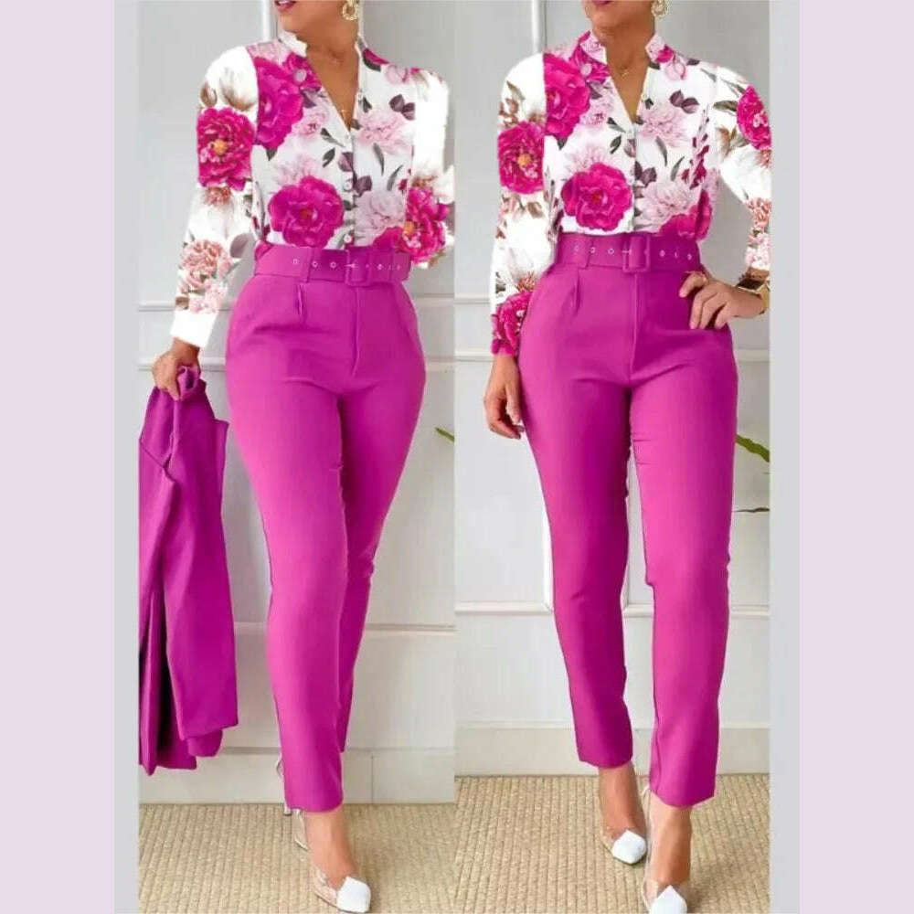 Elegant Women Shirt Two Piece Set Suits Fall New Fashion Print Long Sleeve Top Black Pants Set With Belt Blouses Female Clothing - KIMLUD