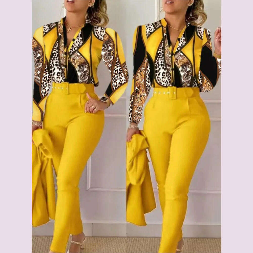 Elegant Women Shirt Two Piece Set Suits Fall New Fashion Print Long Sleeve Top Black Pants Set With Belt Blouses Female Clothing - KIMLUD