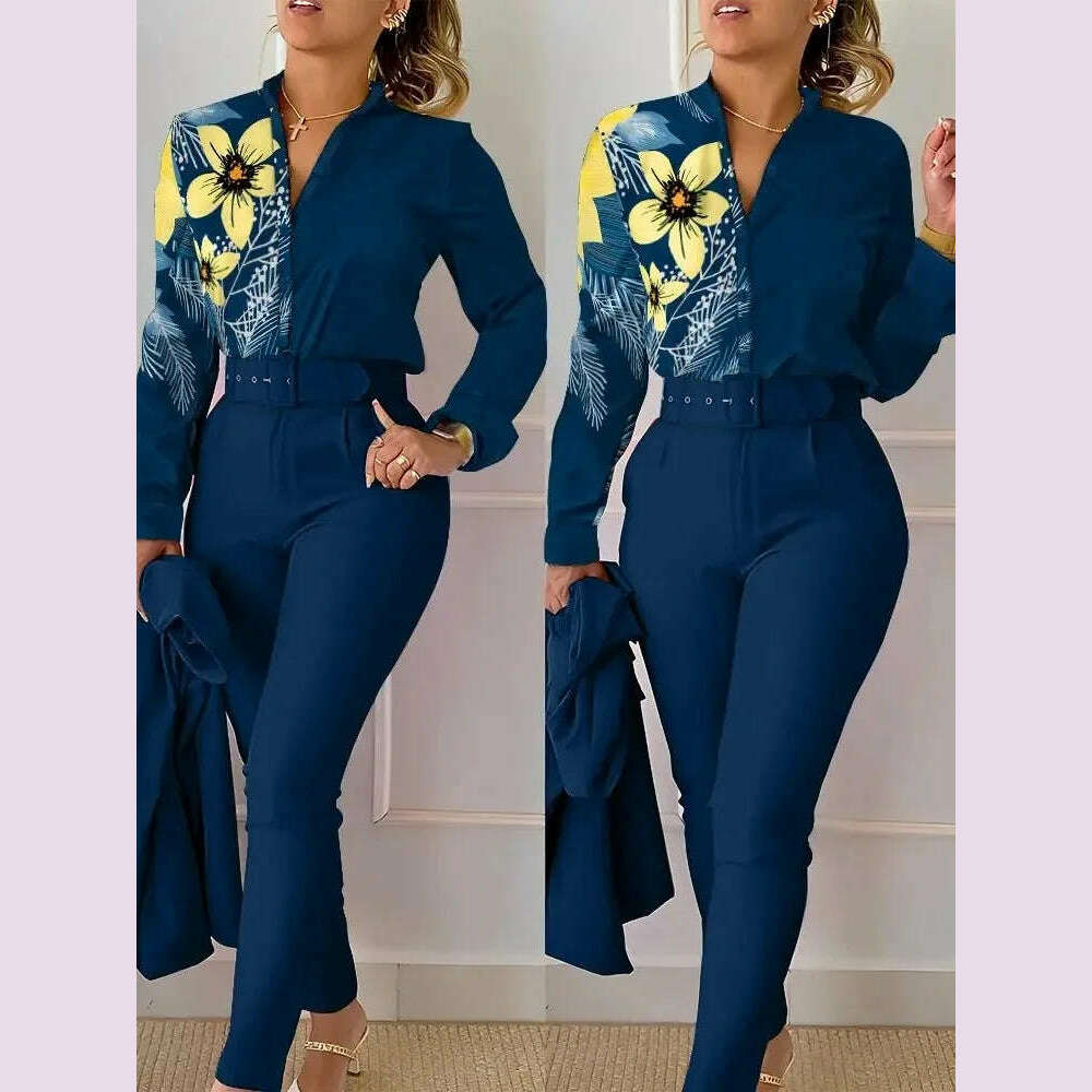 Elegant Women Shirt Two Piece Set Suits Fall New Fashion Print Long Sleeve Top Black Pants Set With Belt Blouses Female Clothing - KIMLUD