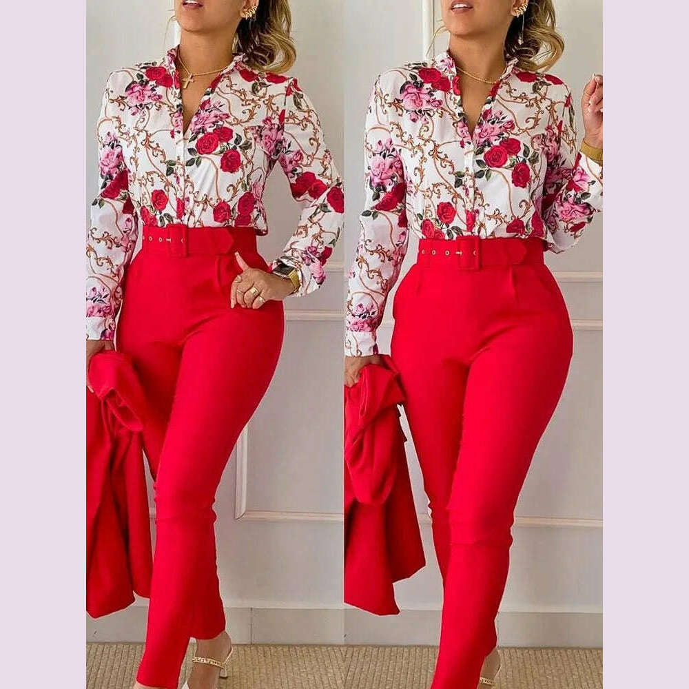 Elegant Women Shirt Two Piece Set Suits Fall New Fashion Print Long Sleeve Top Black Pants Set With Belt Blouses Female Clothing - KIMLUD
