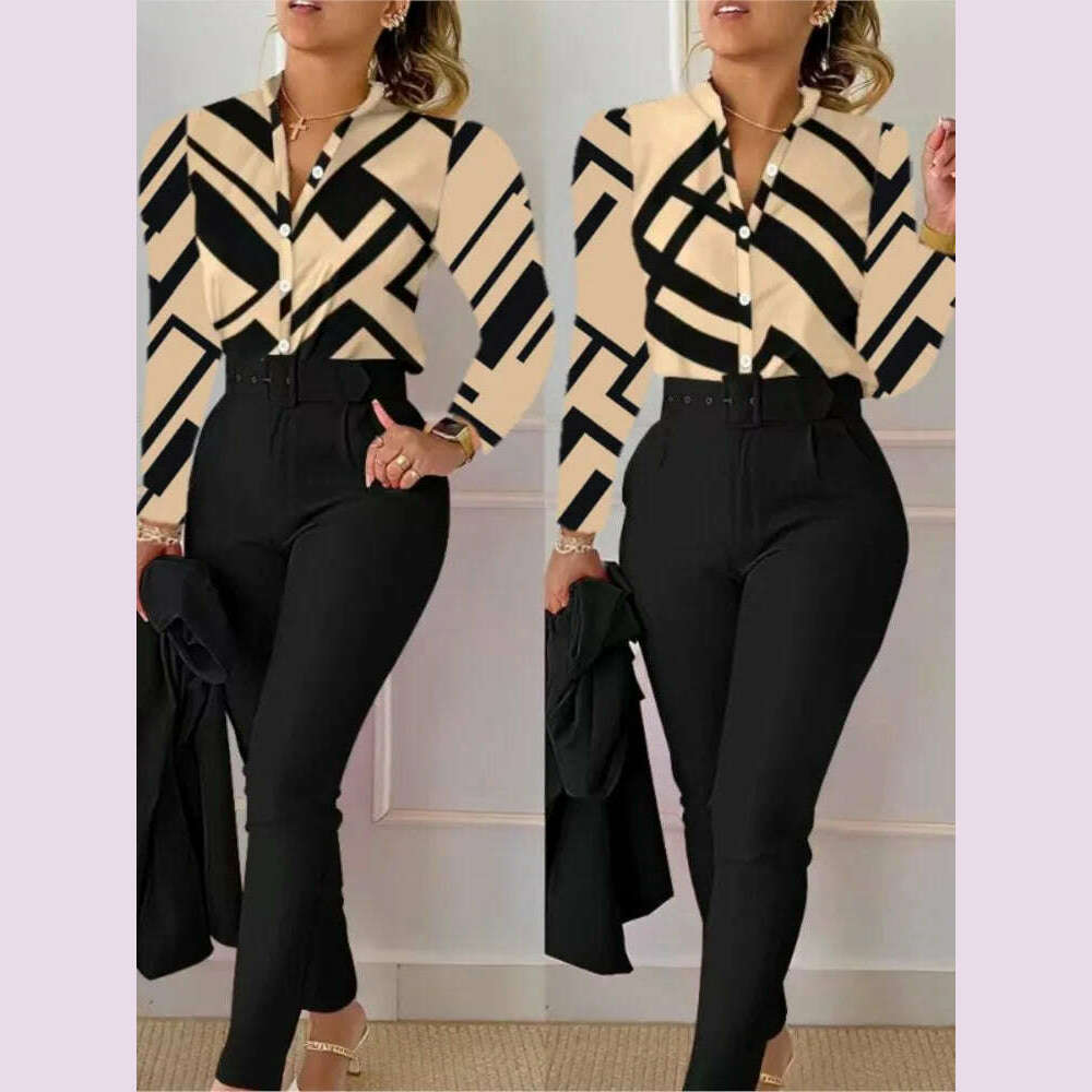 Elegant Women Shirt Two Piece Set Suits Fall New Fashion Print Long Sleeve Top Black Pants Set With Belt Blouses Female Clothing - KIMLUD