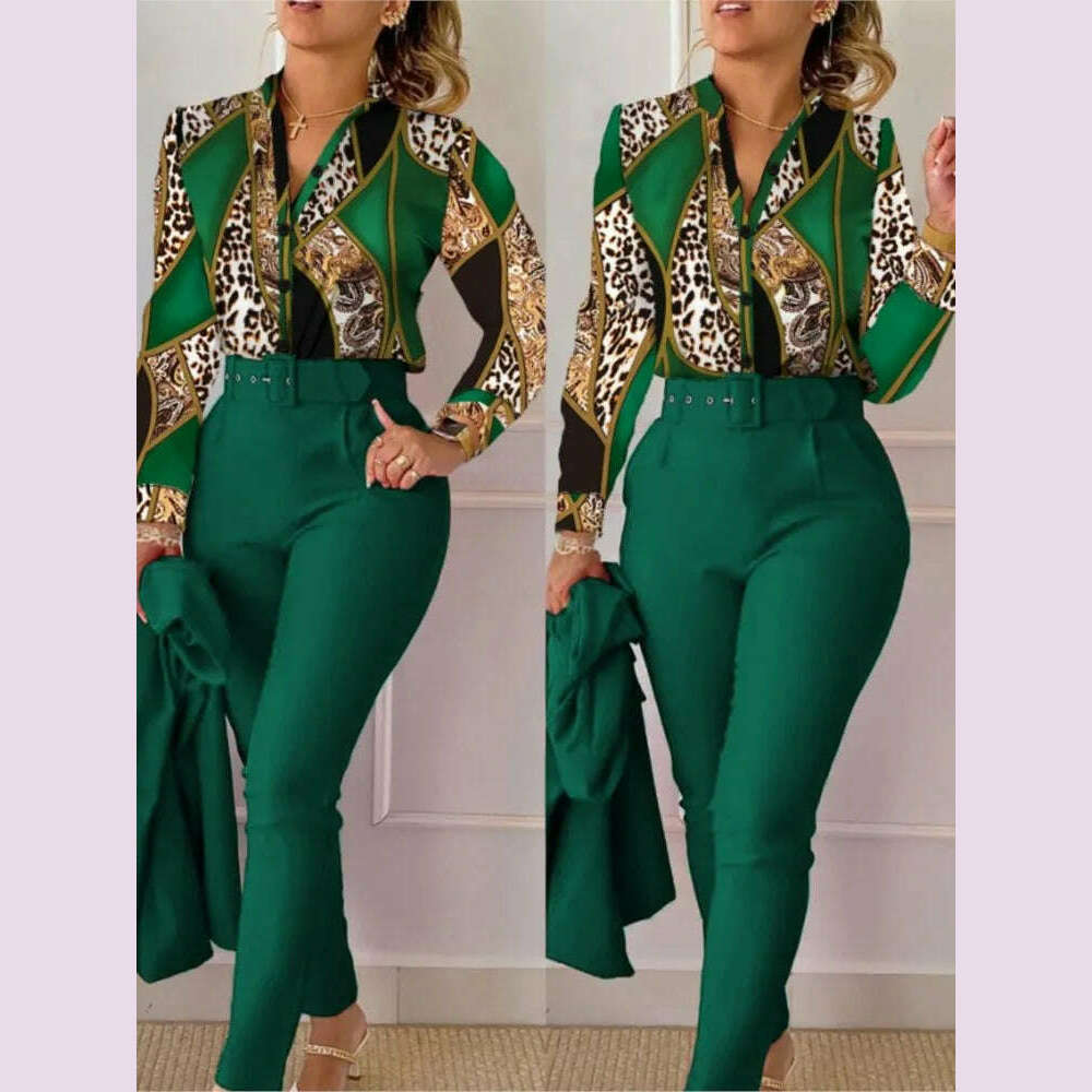 Elegant Women Shirt Two Piece Set Suits Fall New Fashion Print Long Sleeve Top Black Pants Set With Belt Blouses Female Clothing - KIMLUD