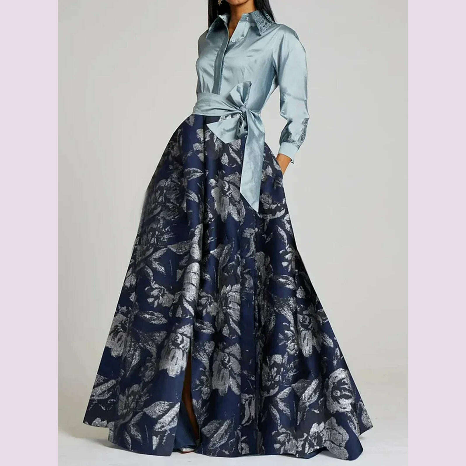 KIMLUD, Elegant Women's Long Dress Turn Down Collar Vintage Floral Print with Belt Long Sleeve Bow Autumn Satin Patchwork Dresses 2024, KIMLUD Womens Clothes