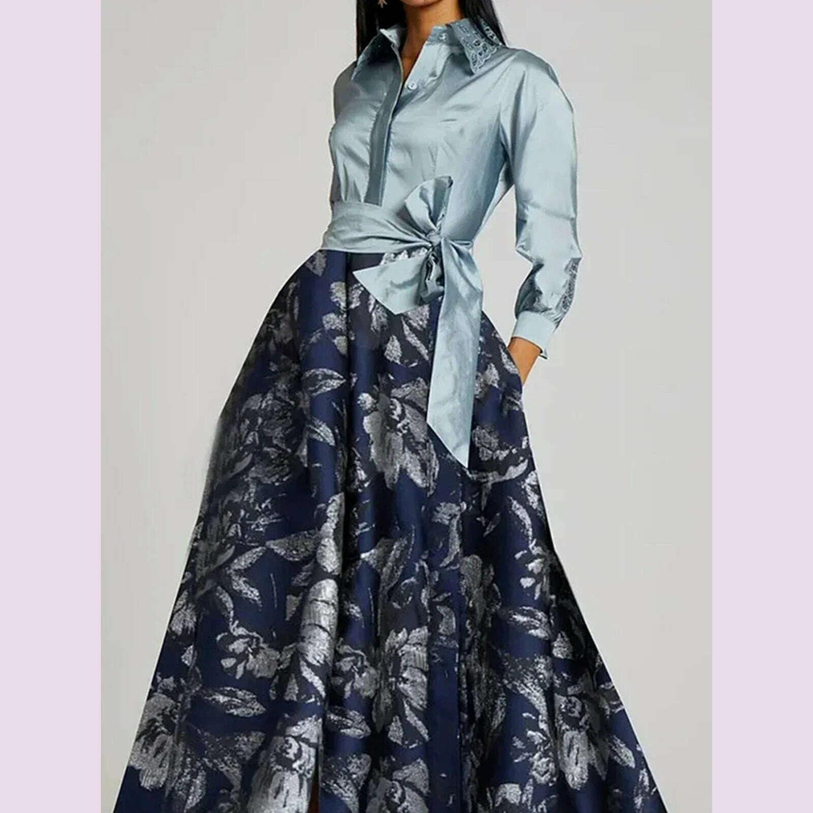 KIMLUD, Elegant Women's Long Dress Turn Down Collar Vintage Floral Print with Belt Long Sleeve Bow Autumn Satin Patchwork Dresses 2024, KIMLUD Womens Clothes