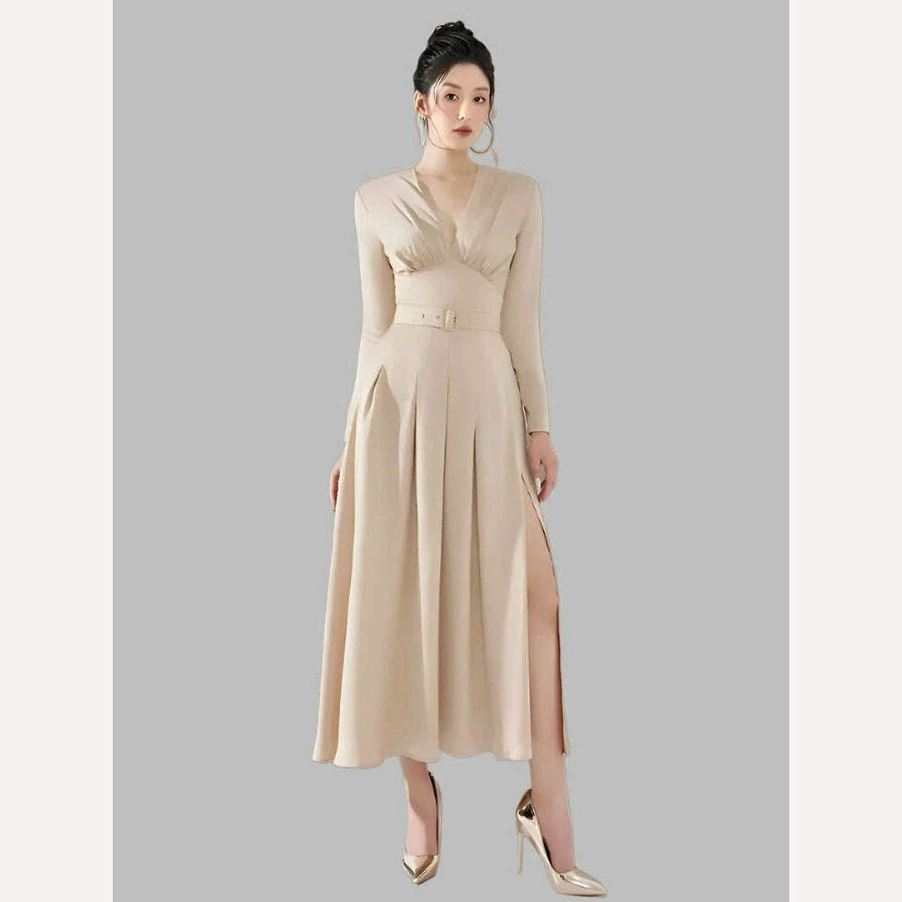 KIMLUD, Elegant Women's Party Dress DEAT Slim Waist Pleated Belt Split Long Sleeve Deep V-neck Summer Fashion 2024, KIMLUD Womens Clothes