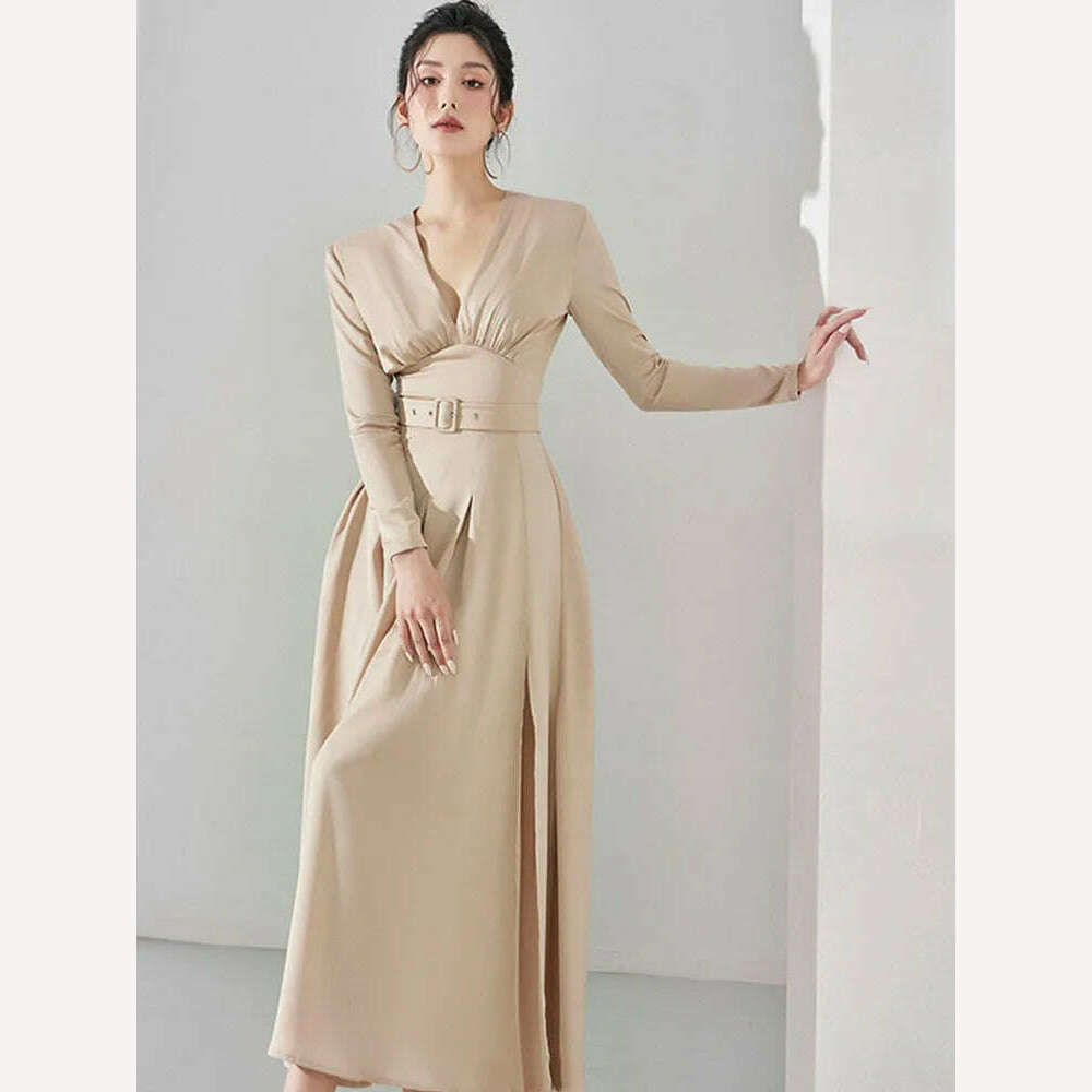 KIMLUD, Elegant Women's Party Dress DEAT Slim Waist Pleated Belt Split Long Sleeve Deep V-neck Summer Fashion 2024, KIMLUD Womens Clothes