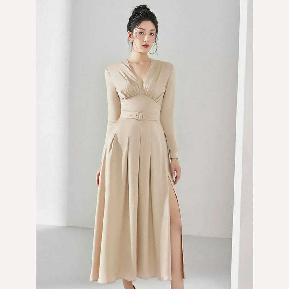 KIMLUD, Elegant Women's Party Dress DEAT Slim Waist Pleated Belt Split Long Sleeve Deep V-neck Summer Fashion 2024, KIMLUD Womens Clothes