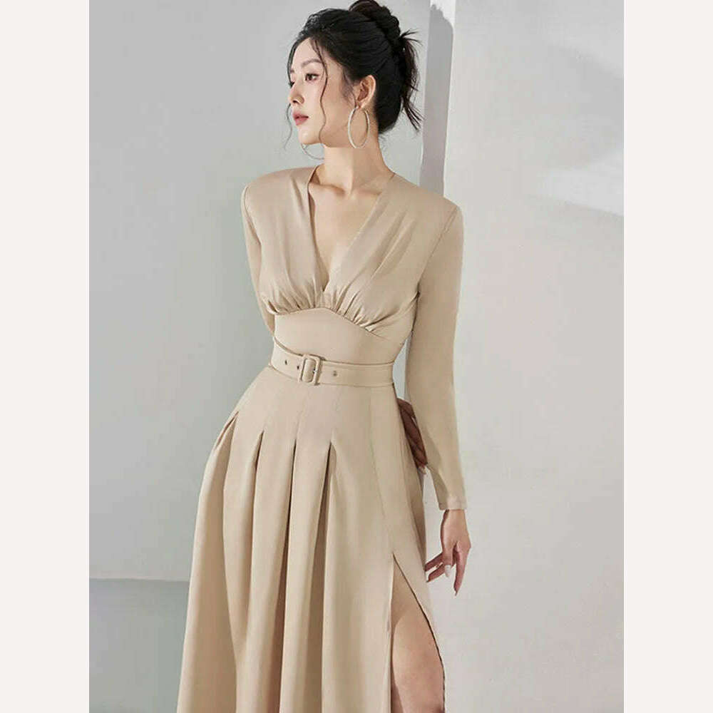 KIMLUD, Elegant Women's Party Dress DEAT Slim Waist Pleated Belt Split Long Sleeve Deep V-neck Summer Fashion 2024, KIMLUD Womens Clothes