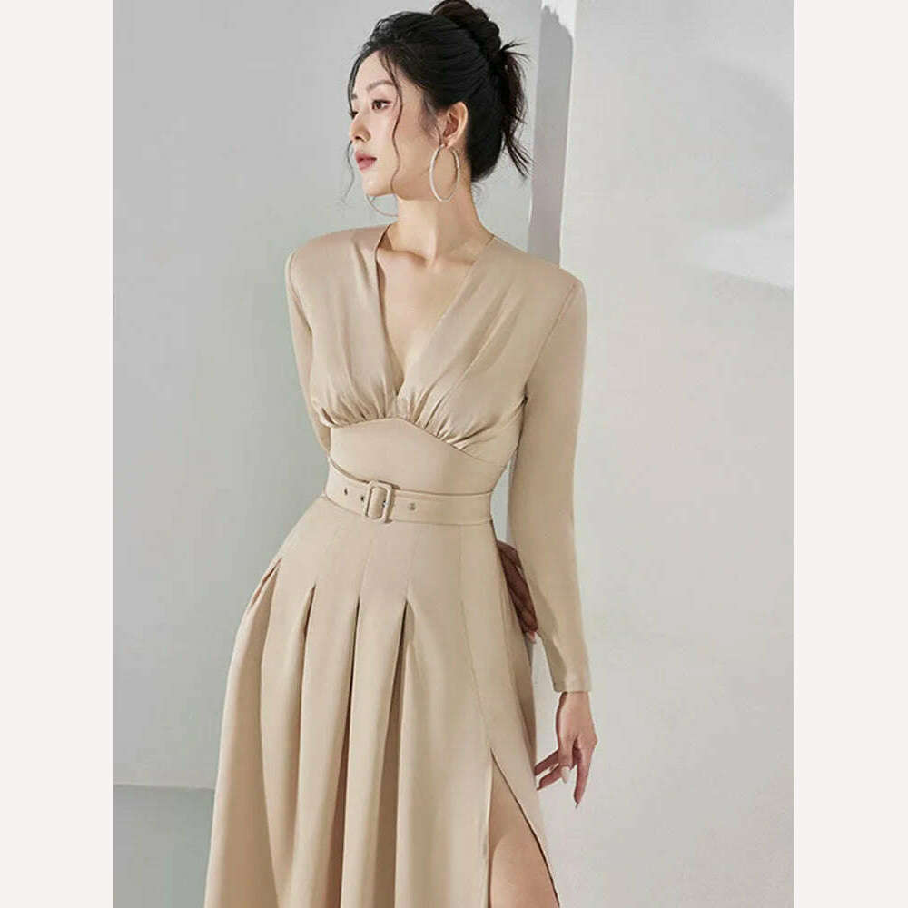KIMLUD, Elegant Women's Party Dress DEAT Slim Waist Pleated Belt Split Long Sleeve Deep V-neck Summer Fashion 2024, KIMLUD Womens Clothes