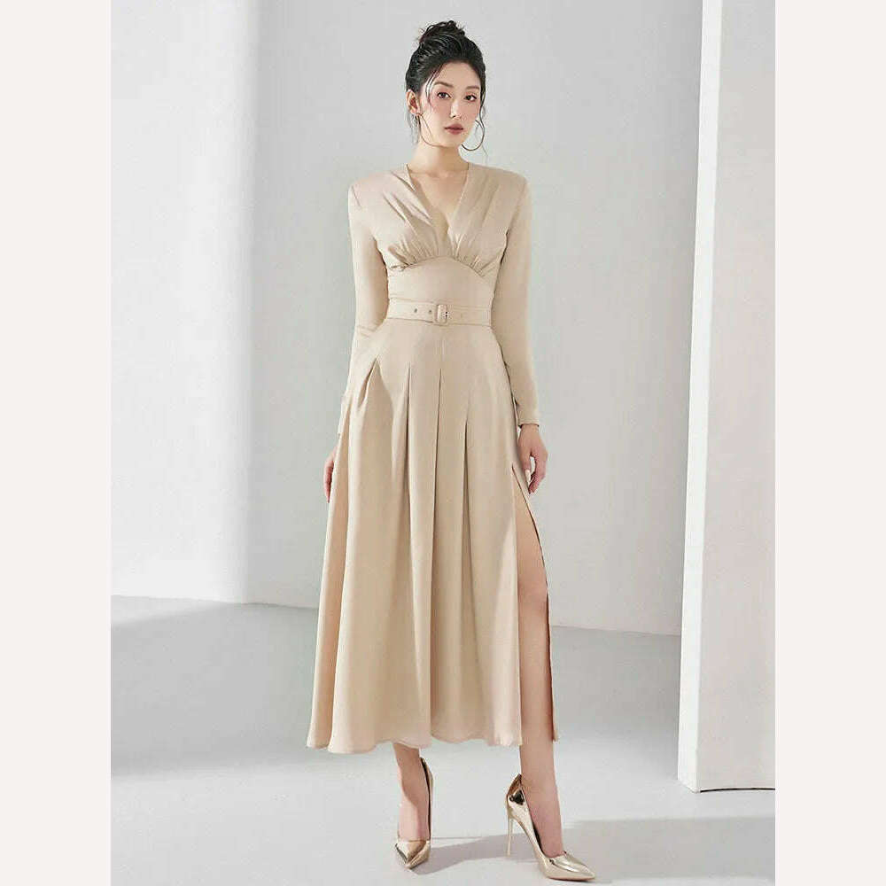 KIMLUD, Elegant Women's Party Dress DEAT Slim Waist Pleated Belt Split Long Sleeve Deep V-neck Summer Fashion 2024, XL / Apricot, KIMLUD APPAREL - Womens Clothes