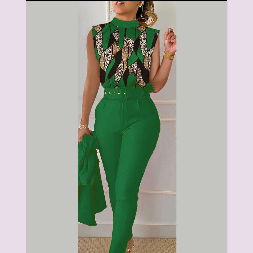 Elegant Women's Two Piece Set Suits Fashion Printed Sleevelss Top black Pants Set With Belt Blouses 2 Piece Set Female Clothing - KIMLUD