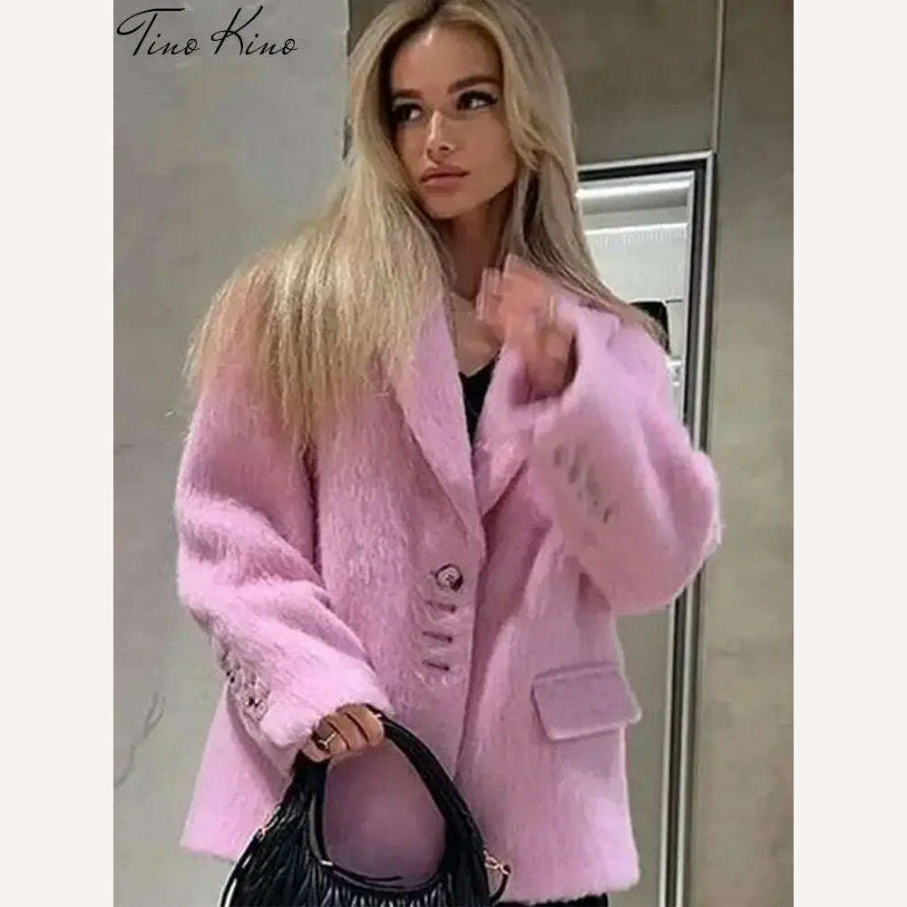 Elegant Woolen Coat Women Pink Turndown Collar Long Sleeve Single Breasted Loose Coats Female 2023 Fashion Winter Lady Overcoat, KIMLUD Women's Clothes