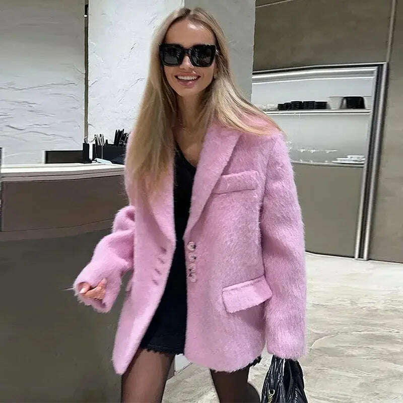 Elegant Woolen Coat Women Pink Turndown Collar Long Sleeve Single Breasted Loose Coats Female 2023 Fashion Winter Lady Overcoat, Pink / S, KIMLUD Women's Clothes