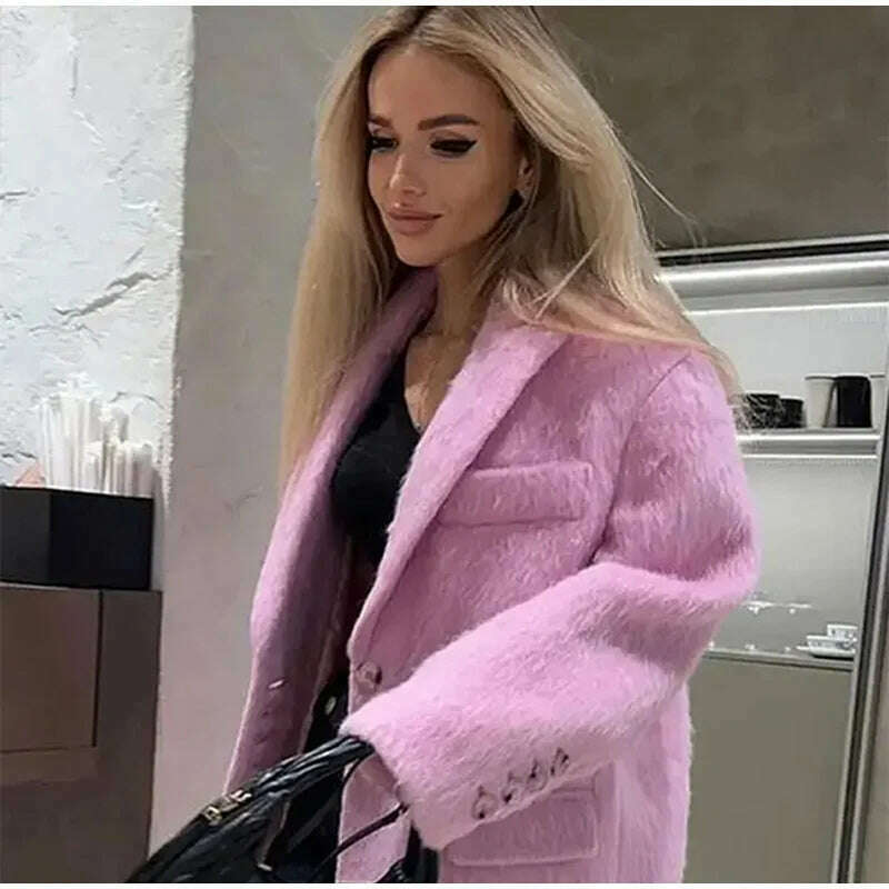 KIMLUD, Elegant Woolen Coat Women Pink Turndown Collar Long Sleeve Single Breasted Loose Coats Female 2023 Fashion Winter Lady Overcoat, KIMLUD Womens Clothes