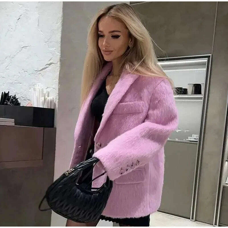 KIMLUD, Elegant Woolen Coat Women Pink Turndown Collar Long Sleeve Single Breasted Loose Coats Female 2023 Fashion Winter Lady Overcoat, KIMLUD Womens Clothes