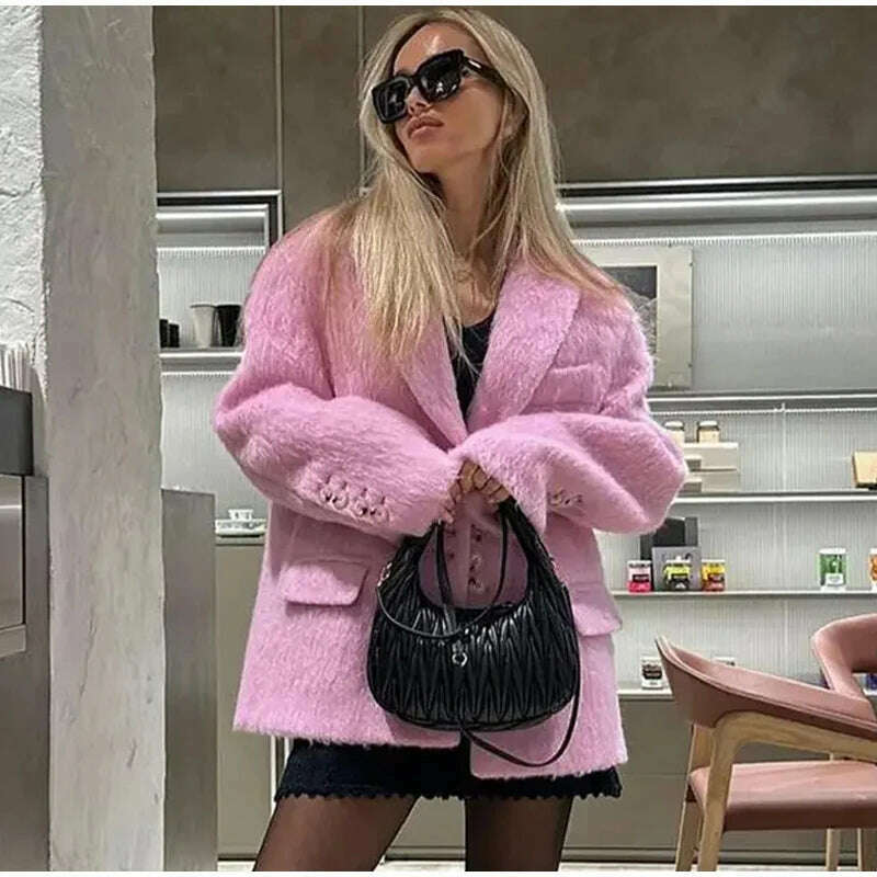 KIMLUD, Elegant Woolen Coat Women Pink Turndown Collar Long Sleeve Single Breasted Loose Coats Female 2023 Fashion Winter Lady Overcoat, KIMLUD Womens Clothes