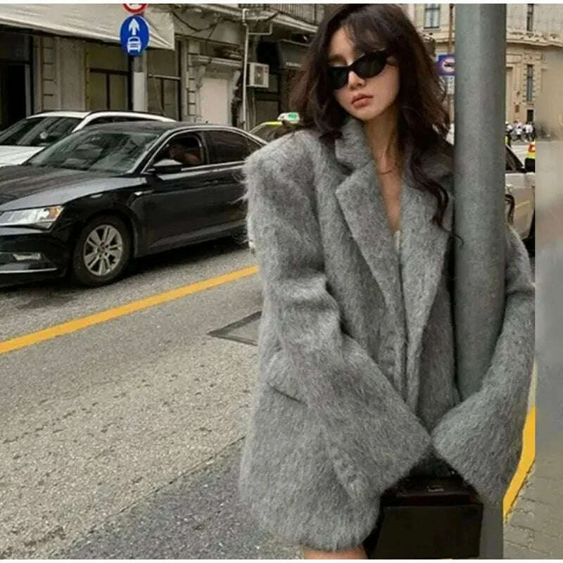 KIMLUD, Elegant Woolen Coat Women Pink Turndown Collar Long Sleeve Single Breasted Loose Coats Female 2023 Fashion Winter Lady Overcoat, KIMLUD Womens Clothes