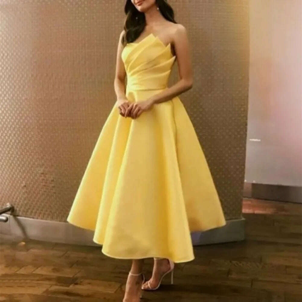 KIMLUD, Elegant Yellow Short Strapless Prom Dresses 2024 A Line Tea Length Pleats Satin Party Evening Gowns Robe De Soirée فساتين السهرة, KIMLUD Womens Clothes