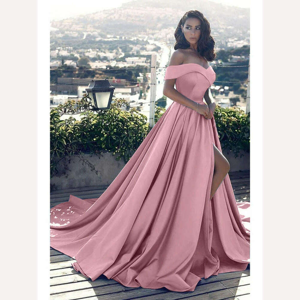 KIMLUD, Elegantes Off Shoulder Plus Size Dress Women Sexy V-neck Luxury Backless High Waist Slit Evening Party Dress Vestidos De Fiesta, pink / L, KIMLUD APPAREL - Womens Clothes