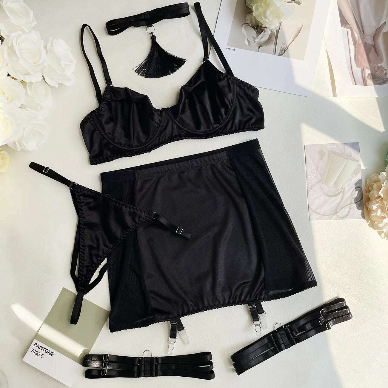 Ellolace Fine Satin Lingerie Sexy Underwear Lace 5-Piece Sissy Seamless Intimate Uncensored Skirt Fancy Bra And Panty Outfits - KIMLUD