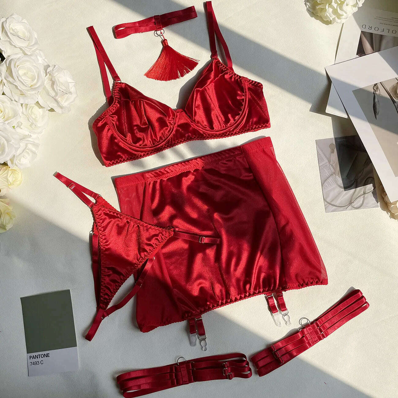 Ellolace Fine Satin Lingerie Sexy Underwear Lace 5-Piece Sissy Seamless Intimate Uncensored Skirt Fancy Bra And Panty Outfits - KIMLUD