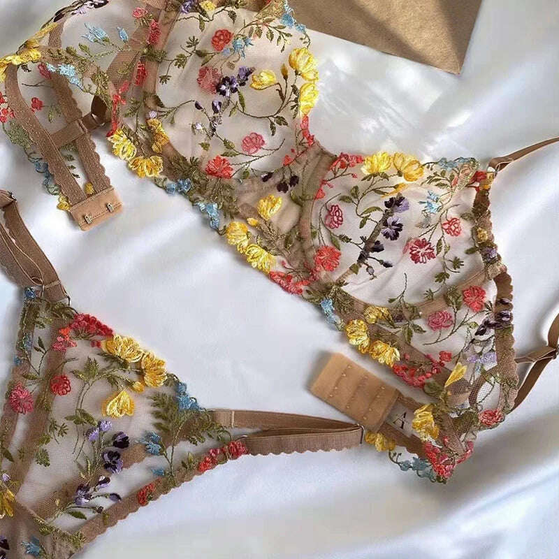 KIMLUD, Ellolace Sexy Lingerie Fancy Lace Set Woman 2 Pieces Transparent Women&#39;s Underwear Embroidery Erotic Beautiful Bra And Panty Set, KIMLUD Womens Clothes