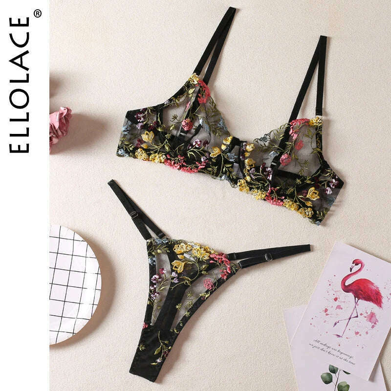 KIMLUD, Ellolace Sexy Lingerie Fancy Lace Set Woman 2 Pieces Transparent Women&#39;s Underwear Embroidery Erotic Beautiful Bra And Panty Set, Black / L, KIMLUD APPAREL - Womens Clothes