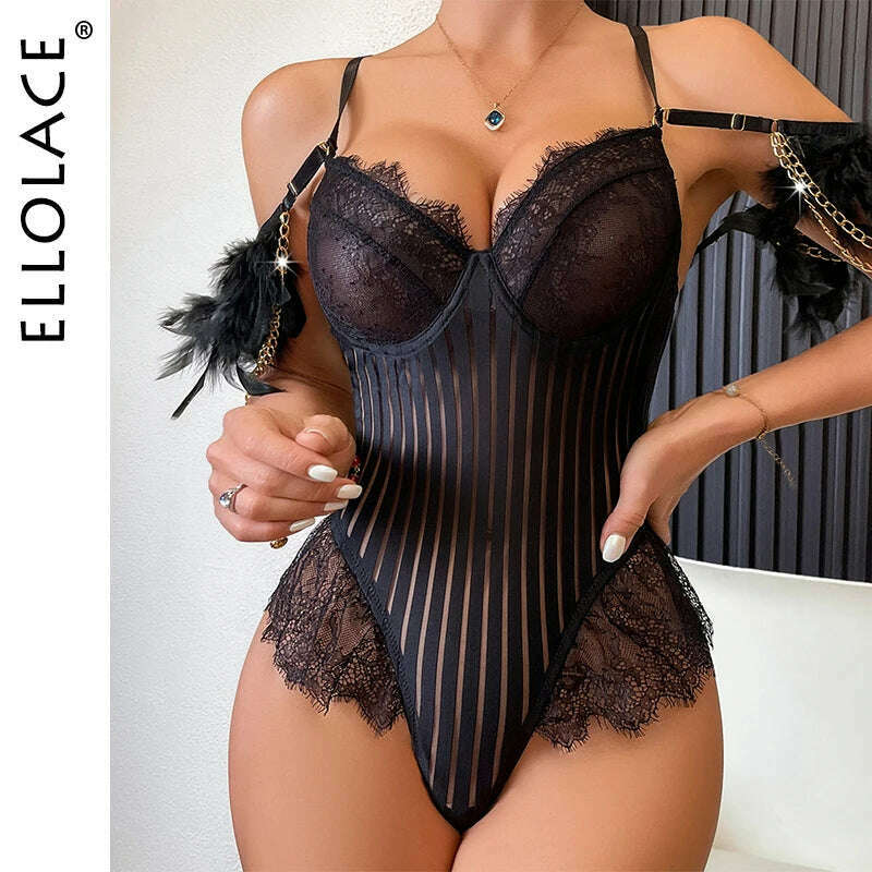 Ellolace Strip Bodysuit With Feather Fantasy Bodysuit One Pieces Ultra-Thin Body Suit See-Through Kinky Back Night Sexy Tops - KIMLUD