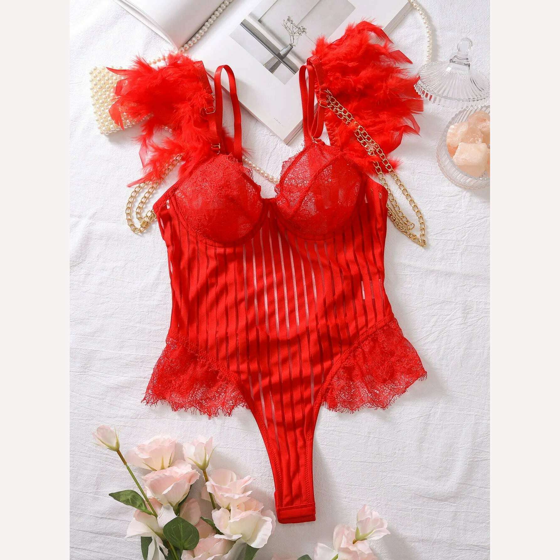Ellolace Strip Bodysuit With Feather Fantasy Bodysuit One Pieces Ultra-Thin Body Suit See-Through Kinky Back Night Sexy Tops - KIMLUD