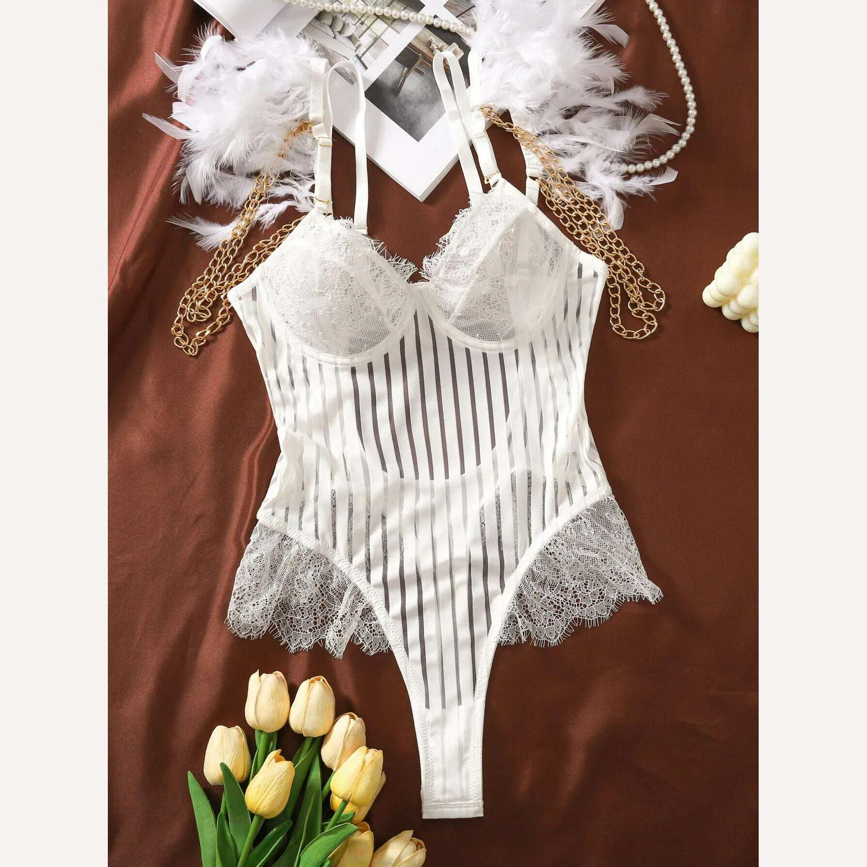 Ellolace Strip Bodysuit With Feather Fantasy Bodysuit One Pieces Ultra-Thin Body Suit See-Through Kinky Back Night Sexy Tops - KIMLUD