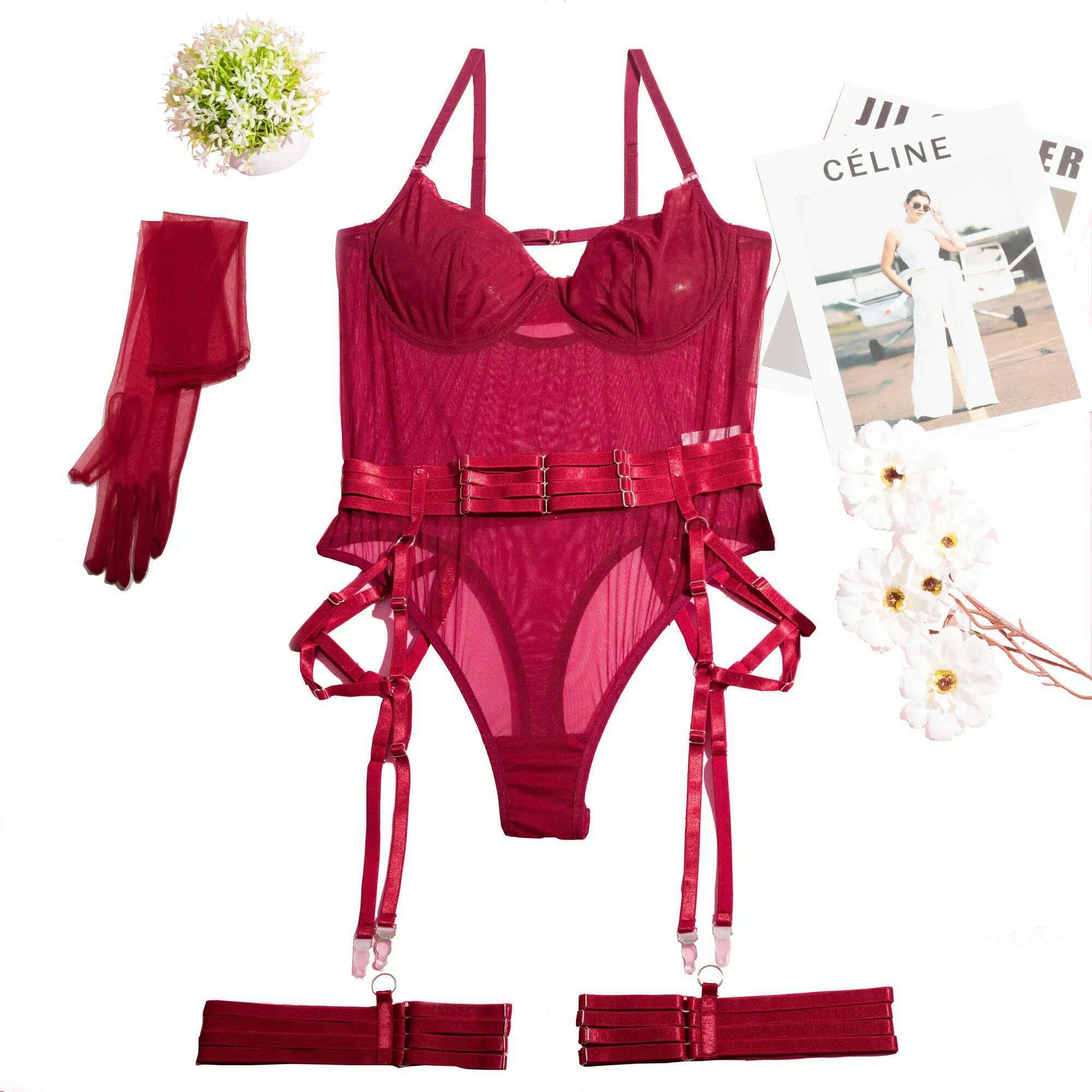 Ellolace Tight Fitting Lace Bodysuit Sexy See Through Body With Gloves Garter Night Club Outfit Sissy Crotchless Mesh Top - KIMLUD