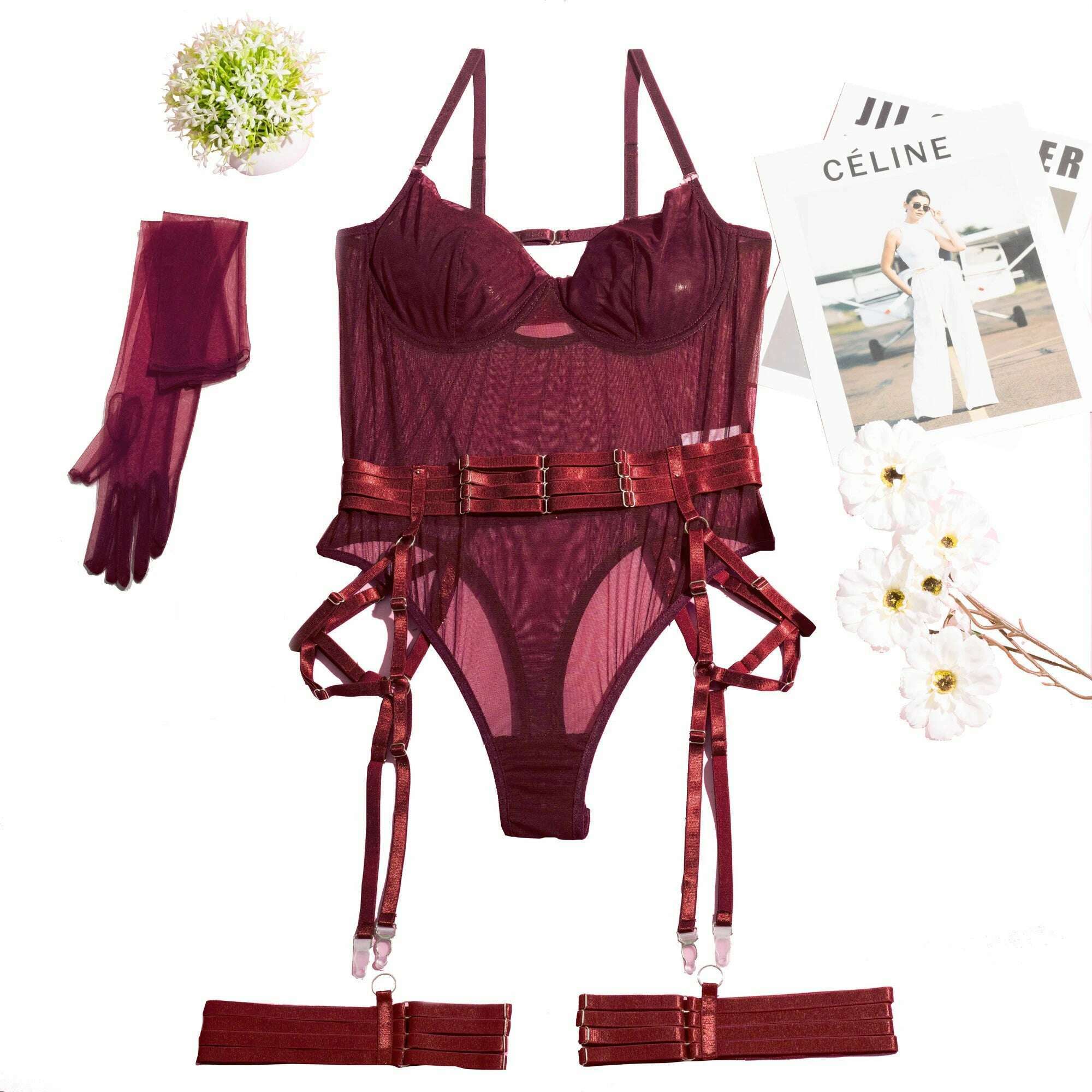 Ellolace Tight Fitting Lace Bodysuit Sexy See Through Body With Gloves Garter Night Club Outfit Sissy Crotchless Mesh Top - KIMLUD