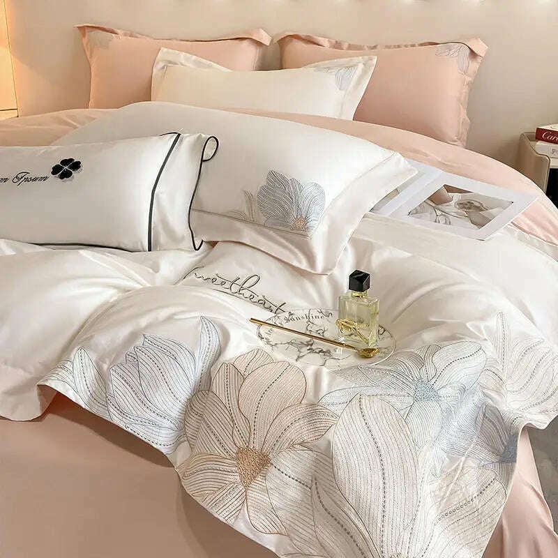 KIMLUD, Embroidery 100% Cotton Bedding Set Luxury Home Textile Duvet Cover Set 220x240 High End Hepburn Style Skin Friendly Bedding Sets, KIMLUD Women's Clothes