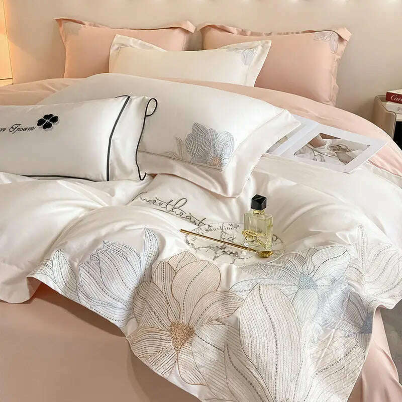 Embroidery 100% Cotton Bedding Set Luxury Home Textile Duvet Cover Set 220x240 High End Hepburn Style Skin Friendly Bedding Sets - KIMLUD
