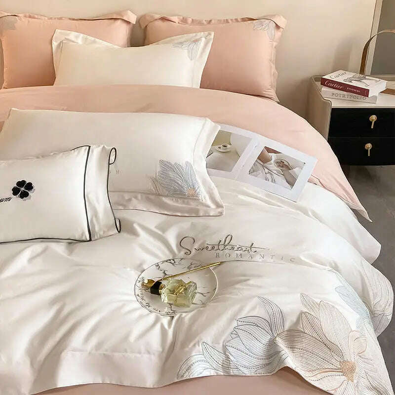 KIMLUD, Embroidery 100% Cotton Bedding Set Luxury Home Textile Duvet Cover Set 220x240 High End Hepburn Style Skin Friendly Bedding Sets, KIMLUD Womens Clothes