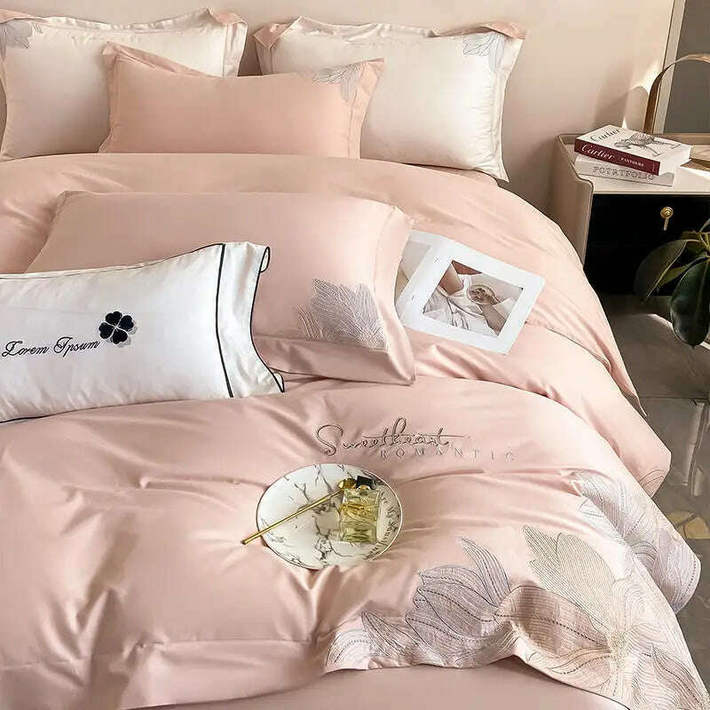 KIMLUD, Embroidery 100% Cotton Bedding Set Luxury Home Textile Duvet Cover Set 220x240 High End Hepburn Style Skin Friendly Bedding Sets, 2 / US Full Size 4 pcs, KIMLUD Womens Clothes