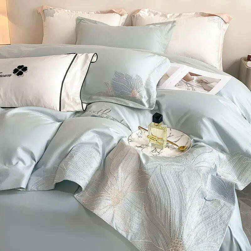 KIMLUD, Embroidery 100% Cotton Bedding Set Luxury Home Textile Duvet Cover Set 220x240 High End Hepburn Style Skin Friendly Bedding Sets, 3 / US Full Size 4 pcs, KIMLUD Womens Clothes