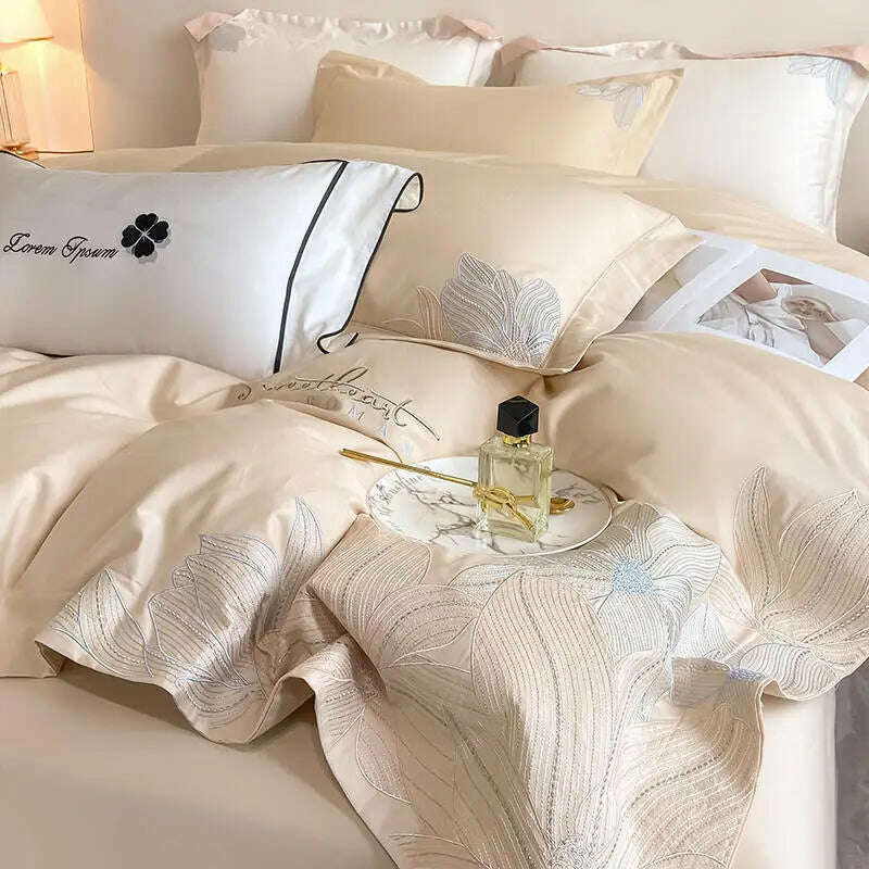 KIMLUD, Embroidery 100% Cotton Bedding Set Luxury Home Textile Duvet Cover Set 220x240 High End Hepburn Style Skin Friendly Bedding Sets, 4 / US Full Size 4 pcs, KIMLUD Womens Clothes