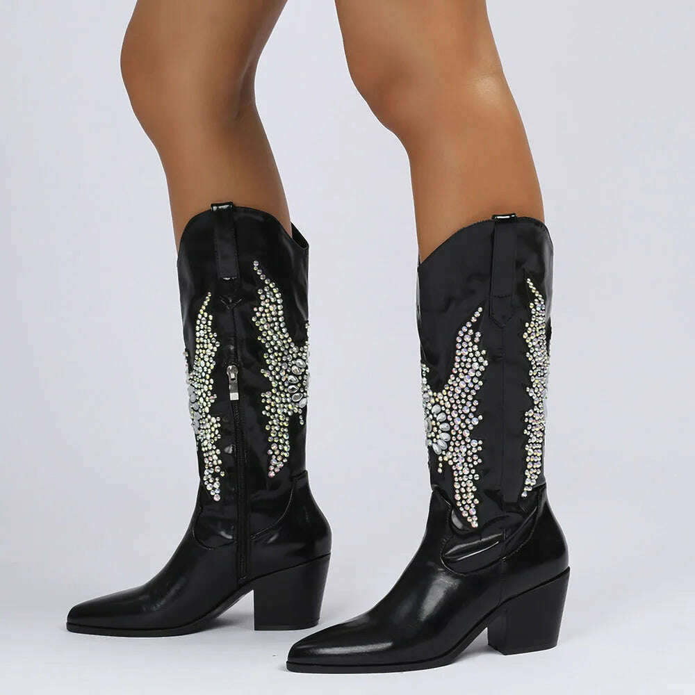 KIMLUD, Embroidery Western Cowgirl Boots Fashion 2023 Europe Style Vintage Bling Diamond Black Cowboy Boots Thick Heels Mid Calf Boots, KIMLUD Women's Clothes