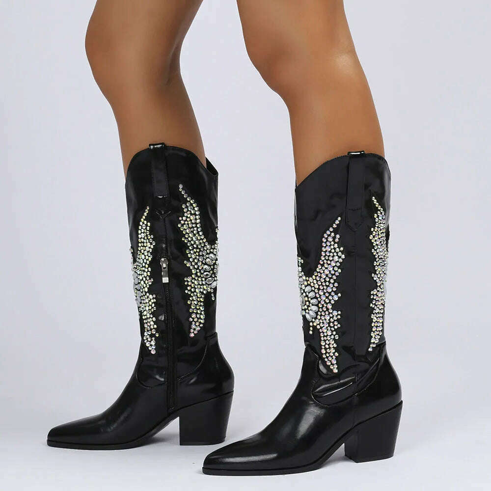 Embroidery Western Cowgirl Boots Fashion 2023 Europe Style Vintage Bling Diamond Black Cowboy Boots Thick Heels Mid Calf Boots - KIMLUD