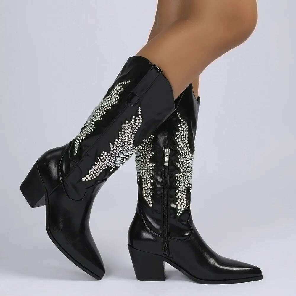 KIMLUD, Embroidery Western Cowgirl Boots Fashion 2023 Europe Style Vintage Bling Diamond Black Cowboy Boots Thick Heels Mid Calf Boots, KIMLUD Womens Clothes