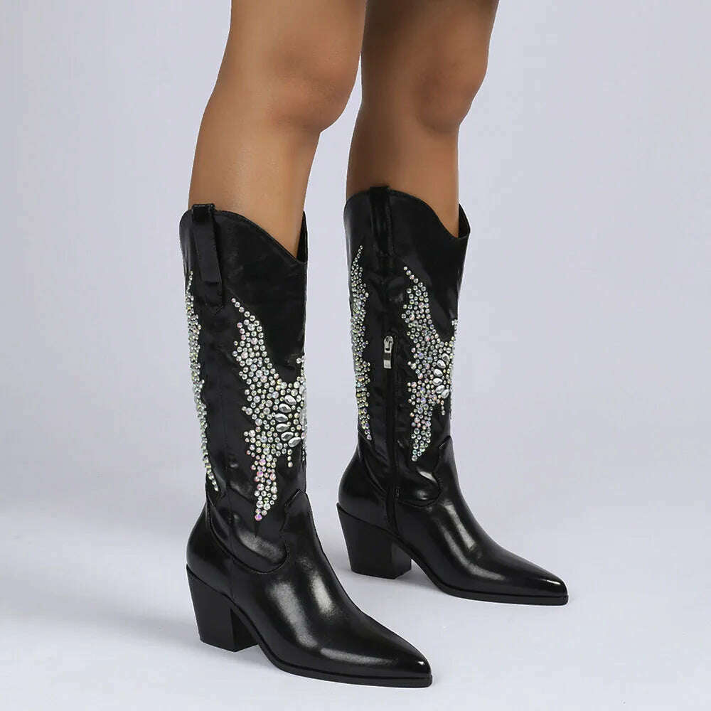 KIMLUD, Embroidery Western Cowgirl Boots Fashion 2023 Europe Style Vintage Bling Diamond Black Cowboy Boots Thick Heels Mid Calf Boots, KIMLUD Womens Clothes