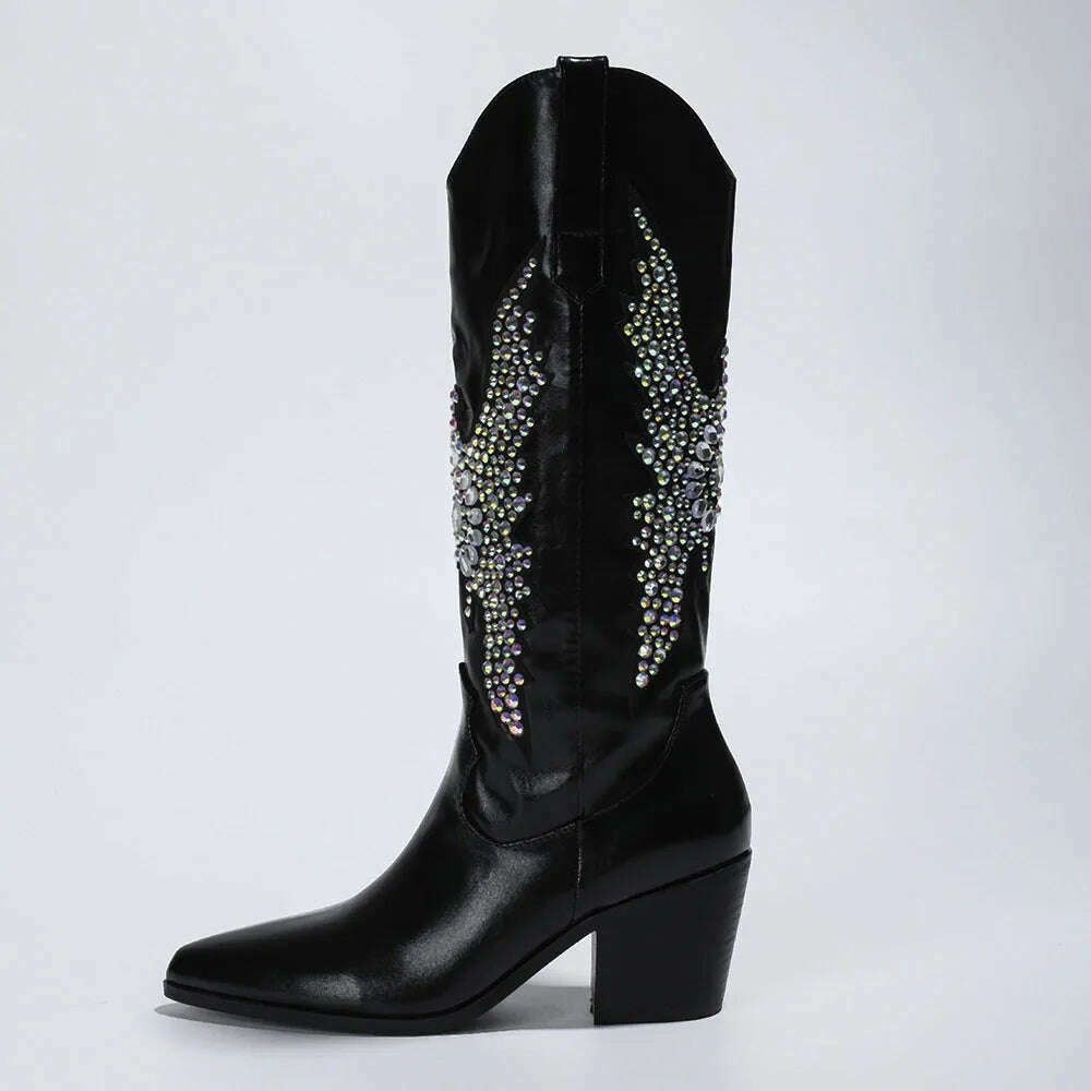 KIMLUD, Embroidery Western Cowgirl Boots Fashion 2023 Europe Style Vintage Bling Diamond Black Cowboy Boots Thick Heels Mid Calf Boots, KIMLUD Womens Clothes