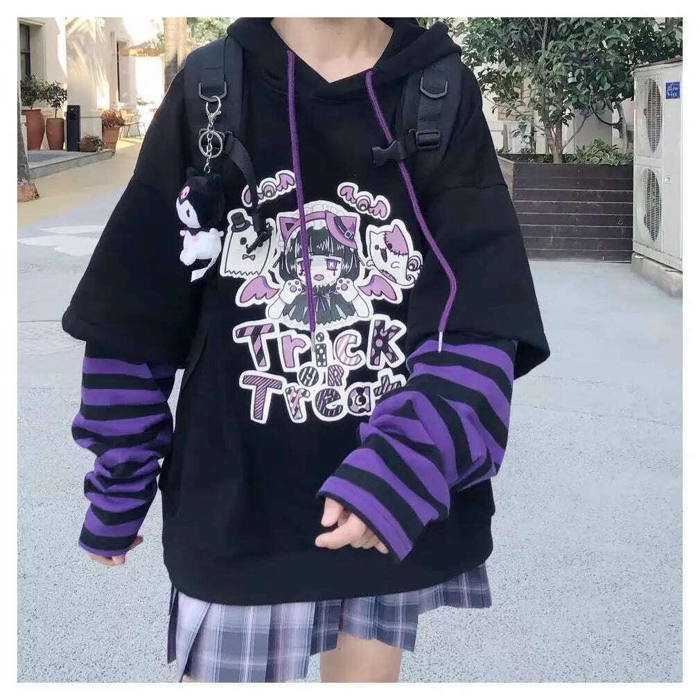 KIMLUD, Emo Sweatshirt Hoodie Women Cartoon Goth Aesthetic Hooded Sweatshirt Teen Spring Fairy Grunge Striped Y2k Clothes Egirl Alt Top, KIMLUD Womens Clothes