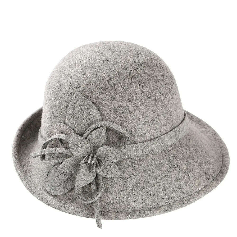 KIMLUD, England Style Ladies Wool Fedoras Hats Black White Flower Wool felt Hat Fashion Women Church maison michel Cloche Hat Cap, KIMLUD Womens Clothes