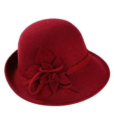 KIMLUD, England Style Ladies Wool Fedoras Hats Black White Flower Wool felt Hat Fashion Women Church maison michel Cloche Hat Cap, 4, KIMLUD Womens Clothes