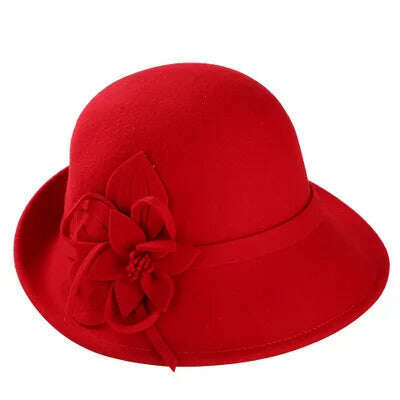 KIMLUD, England Style Ladies Wool Fedoras Hats Black White Flower Wool felt Hat Fashion Women Church maison michel Cloche Hat Cap, 5, KIMLUD Womens Clothes