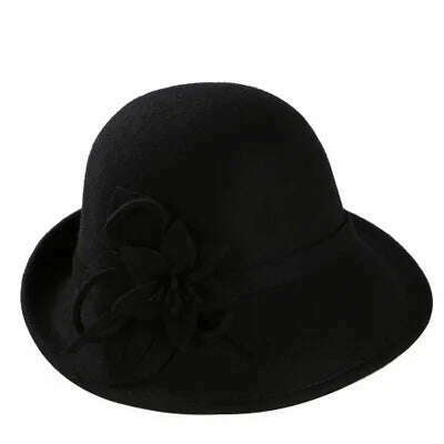 KIMLUD, England Style Ladies Wool Fedoras Hats Black White Flower Wool felt Hat Fashion Women Church maison michel Cloche Hat Cap, 1, KIMLUD Womens Clothes