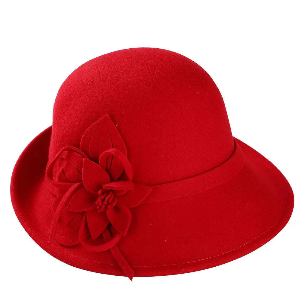 KIMLUD, England Style Ladies Wool Fedoras Hats Black White Flower Wool felt Hat Fashion Women Church maison michel Cloche Hat Cap, KIMLUD Womens Clothes