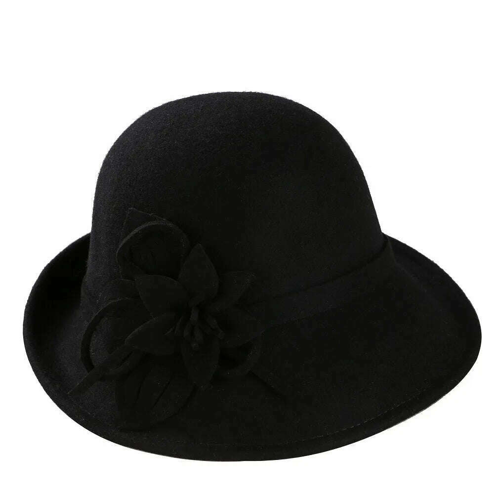 KIMLUD, England Style Ladies Wool Fedoras Hats Black White Flower Wool felt Hat Fashion Women Church maison michel Cloche Hat Cap, KIMLUD Womens Clothes